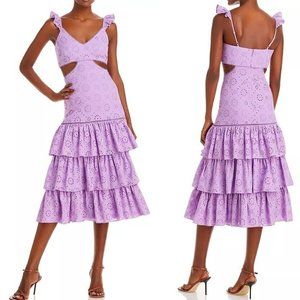 LIKELY Rosanna Dress Violet Eyelet Tiered Ruffle Cutout Midi Cotton Mermaid 00